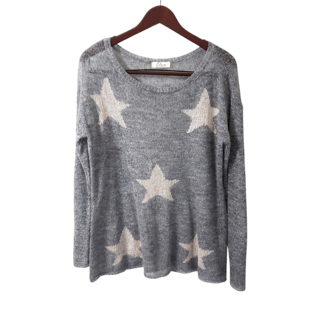 Elan Womens Sheer Mohair Blend Star Print Lightweight Sweater Grey Sz Medium